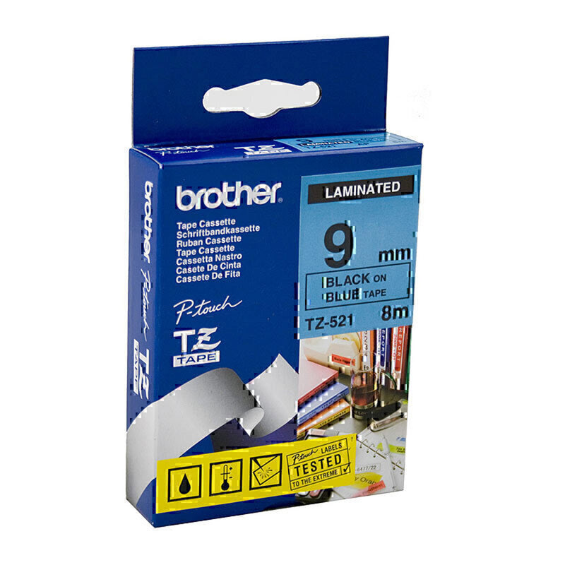 Brother Lamined Black on Blue Teleting Tape