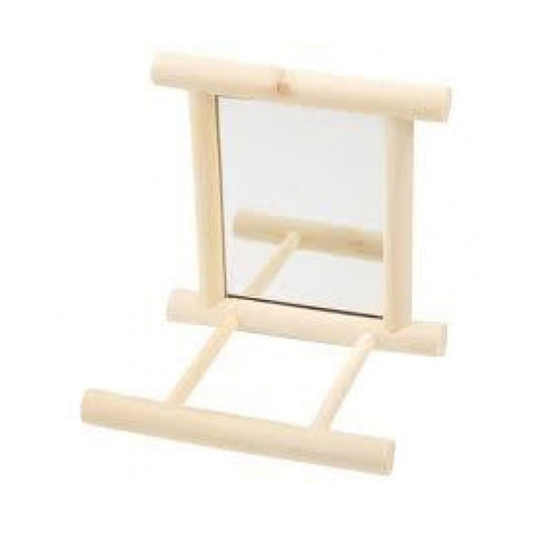 Wood-Framed Mirror with Perch Bird Toy