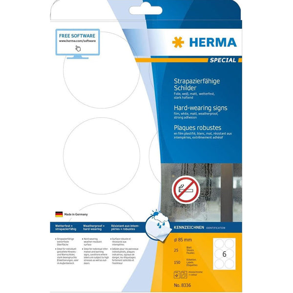 Herma Round Hard-Wearing Signalling Labels 85mm (White)