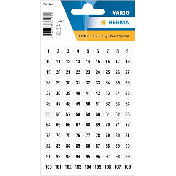 Herma Paper Number Sticker #1-540 8mm (Black/White)