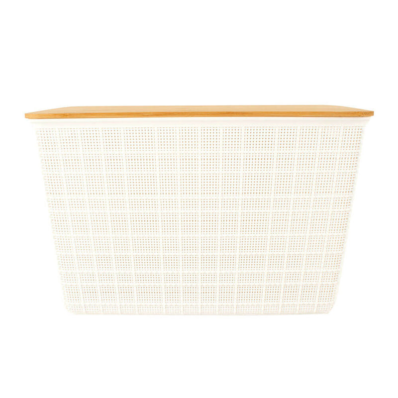 Panier de rangement en plastique avec couvercle en bambou (blanc)