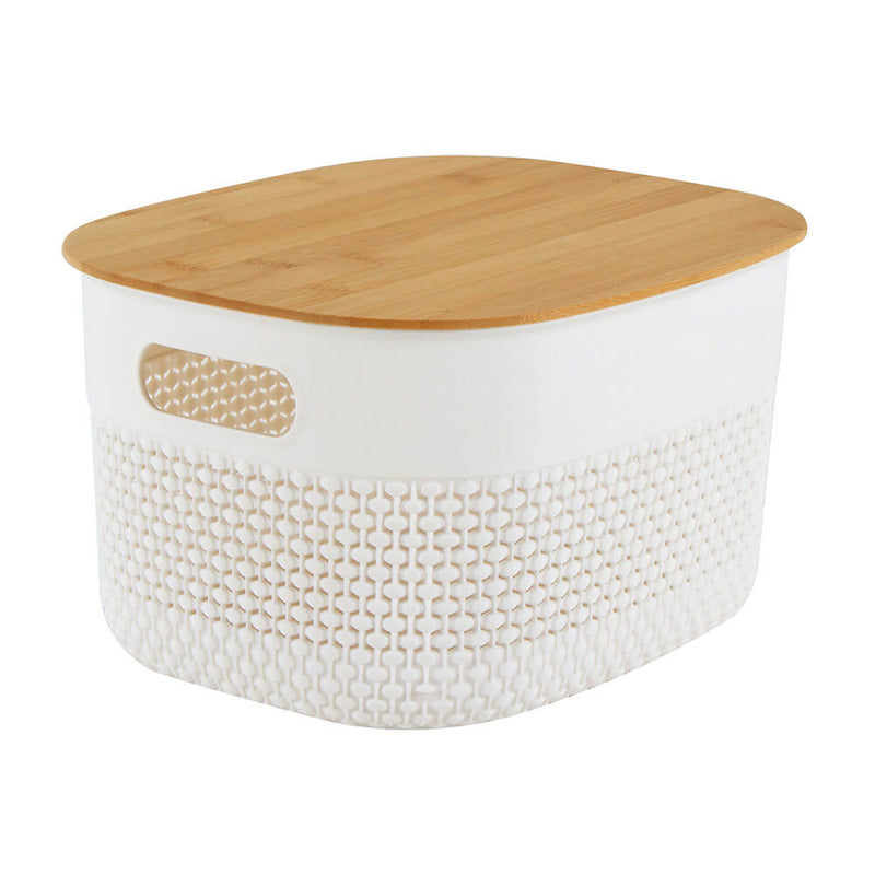 Oval Plastic Basket with Bamboo Lid (White)