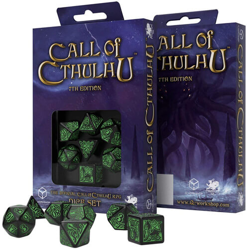 Q Workshop COC 7th Edition Black & Green Dice Set of 7