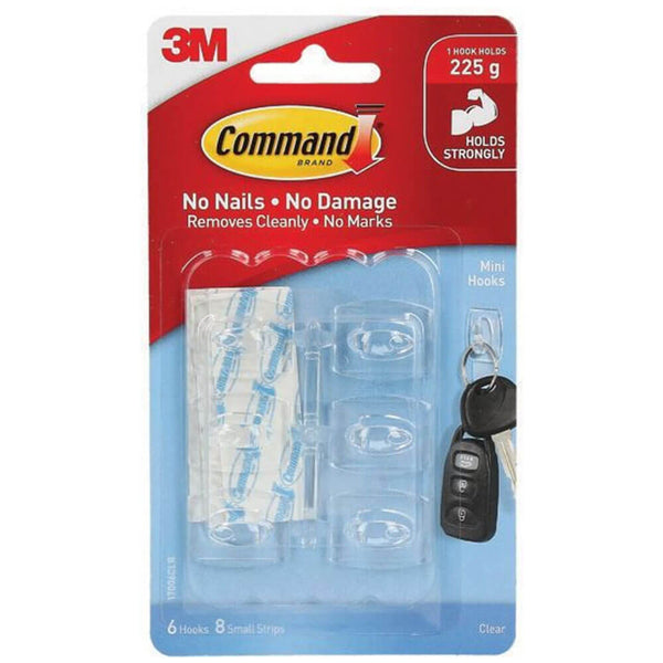 Command Mini Self-Adhesive Hooks 6pk (Clear)