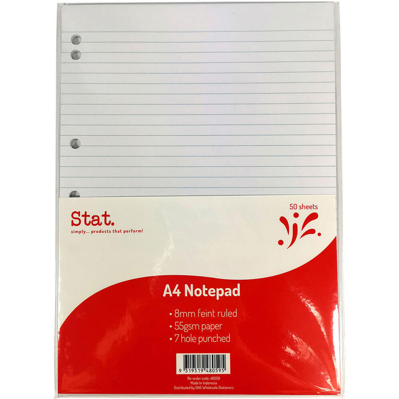Stat Notepad 8mm ha governato 50 fogli A4 (bianco)